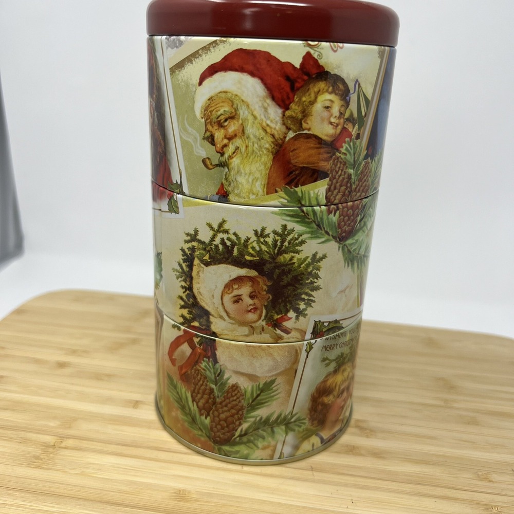 Vintage Style Christmas Santa Claus Children Stacking Tin 7.25" Tall  3 Tins One